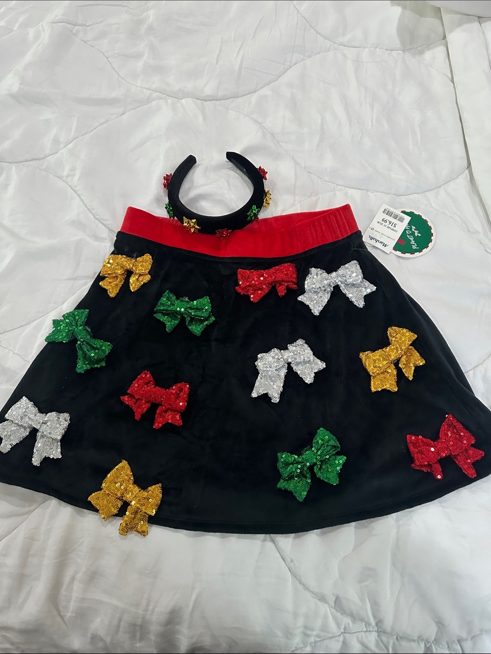 Women’s Black Holiday Bow Skirt with Matching Headband. New!